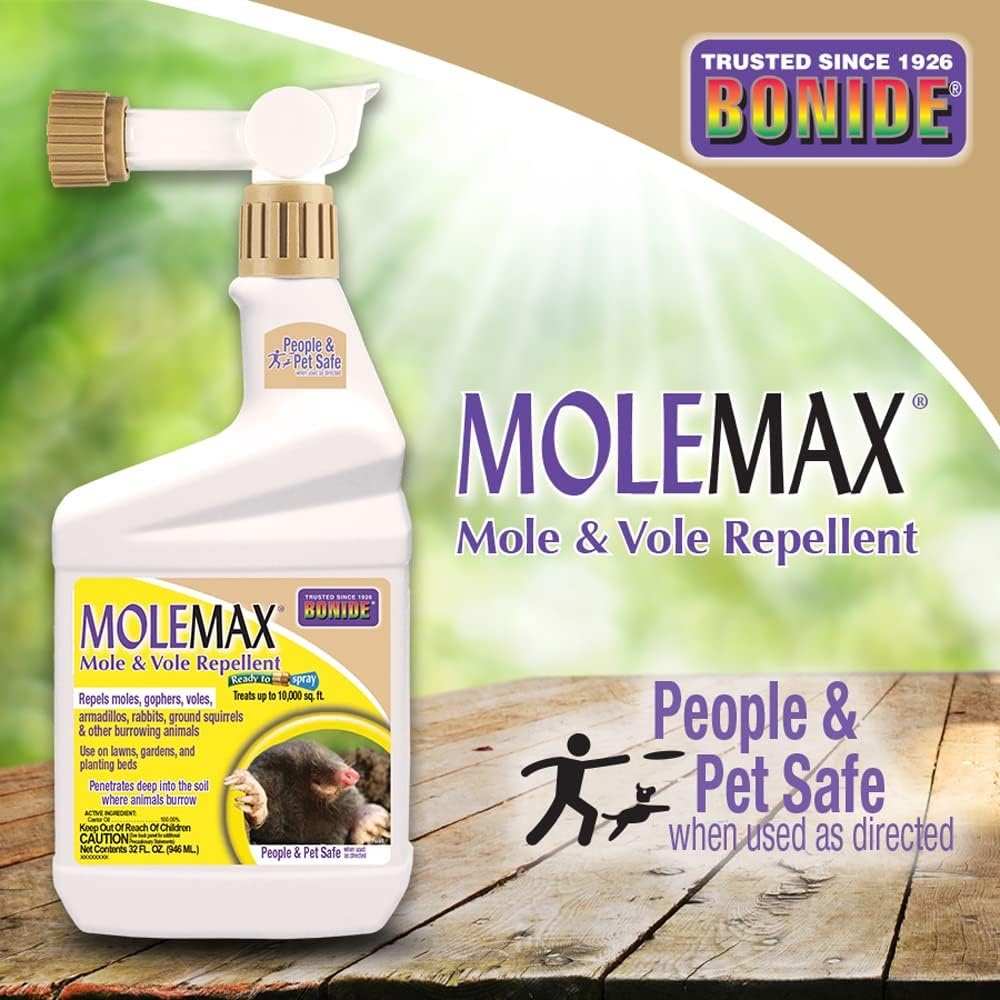 Bonide MOLEMAX Mole & Vole Repellent, 32 oz Ready-to-Spray Animal Repellent for Gardens, People and Pet Safe(32 Ounce (Pack of 2))