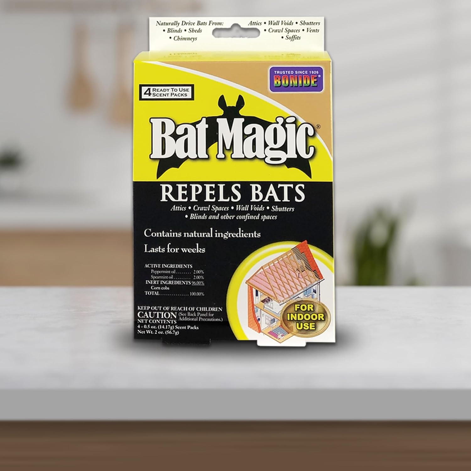 Bonide Bat Magic Bat Repellent, Pack of 4 Ready-to-Use Peppermint Oil Scent Packs for Long Lasting Indoor Bat Control(4 Count (Pack of 1))