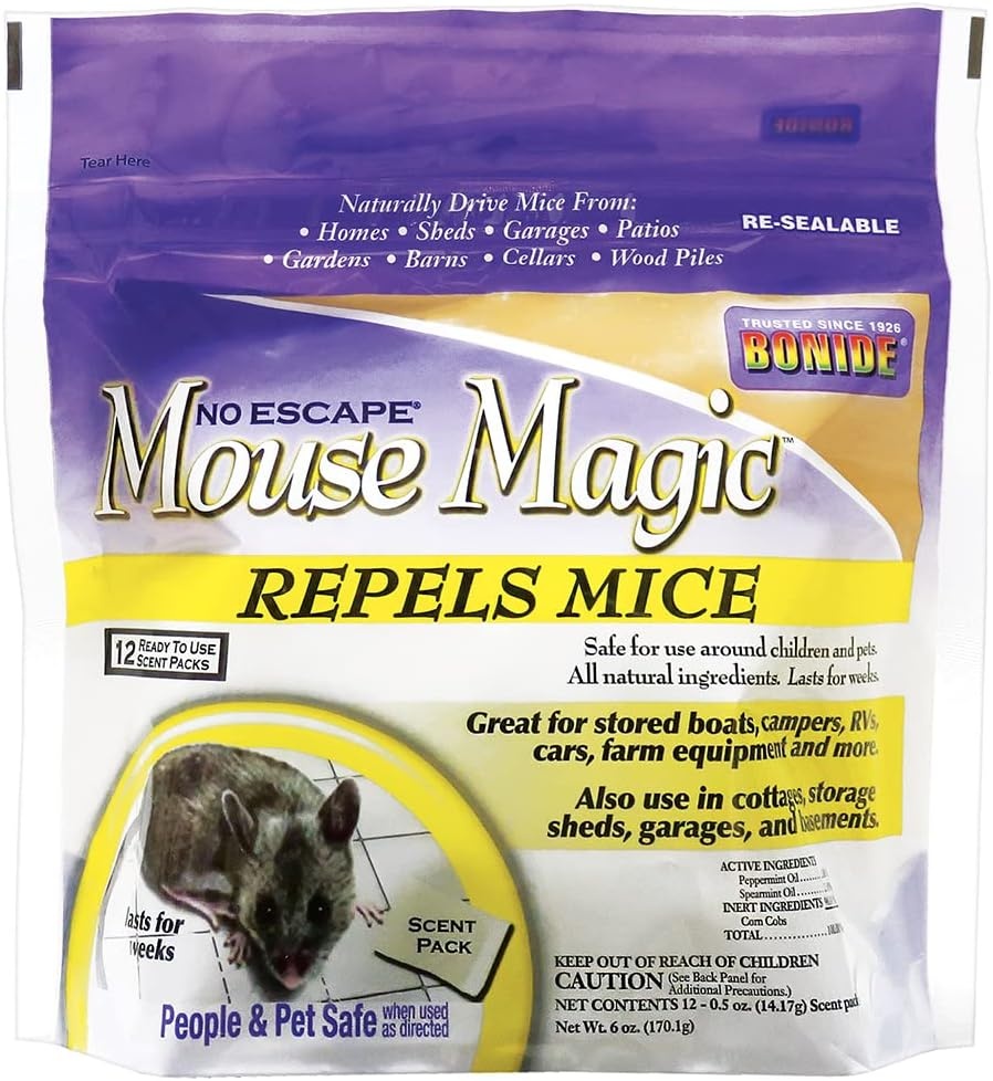 Bonide Mouse Magic Mouse Repellent Scent Packs, 4 Ready-to-Use Packs for Indoor & Outdoor Use, People & Safe 12-pk(Scent Packs)