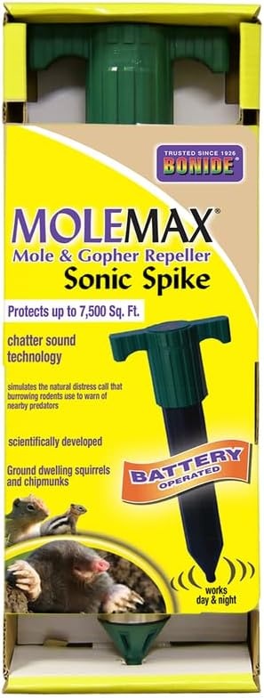 Bonide Molemax Animal Repellent Stake For Gophers and Moles, Battery Operated, Humane Repellent(No Size (Pack of 1))