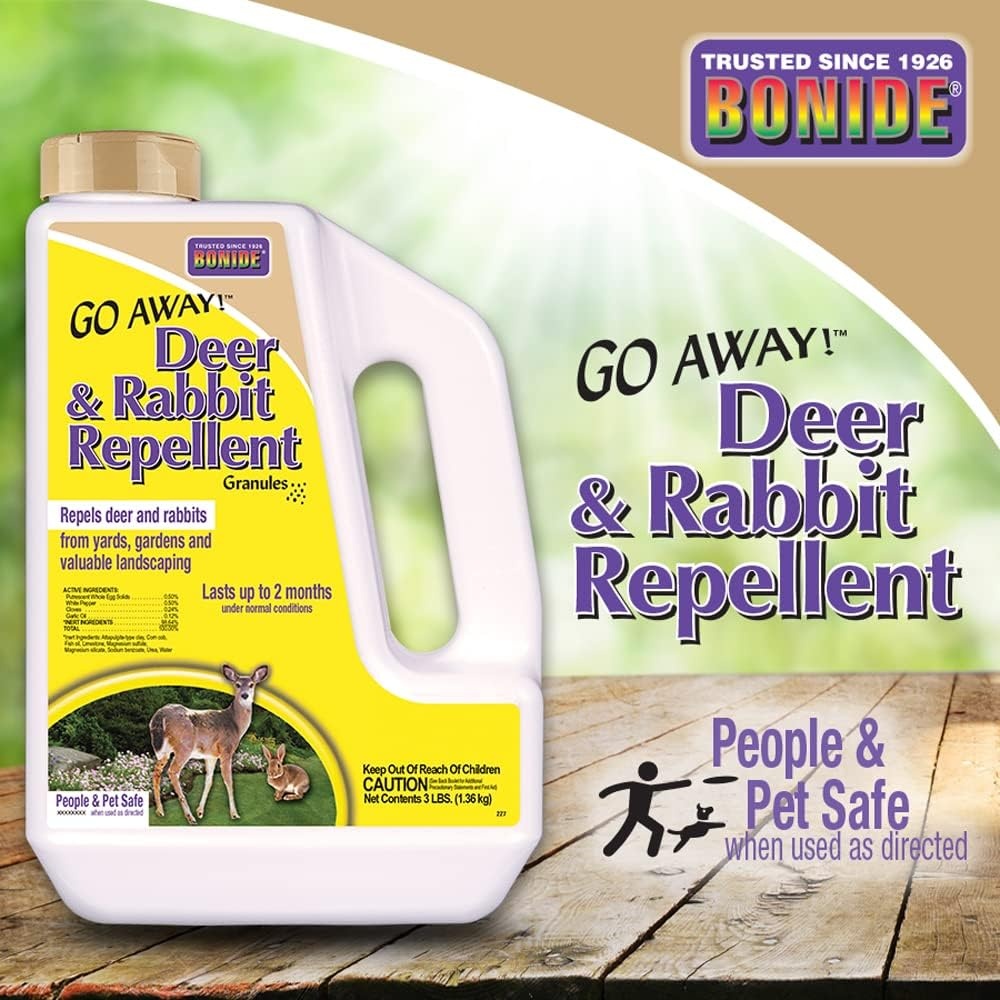 Bonide Go Away  Deer & Rabbit Repellent Granules, 3 lb. Ready-to-Use, Deter Deer from Garden, Flowers & Plants(48 Ounce (Pack of 2))