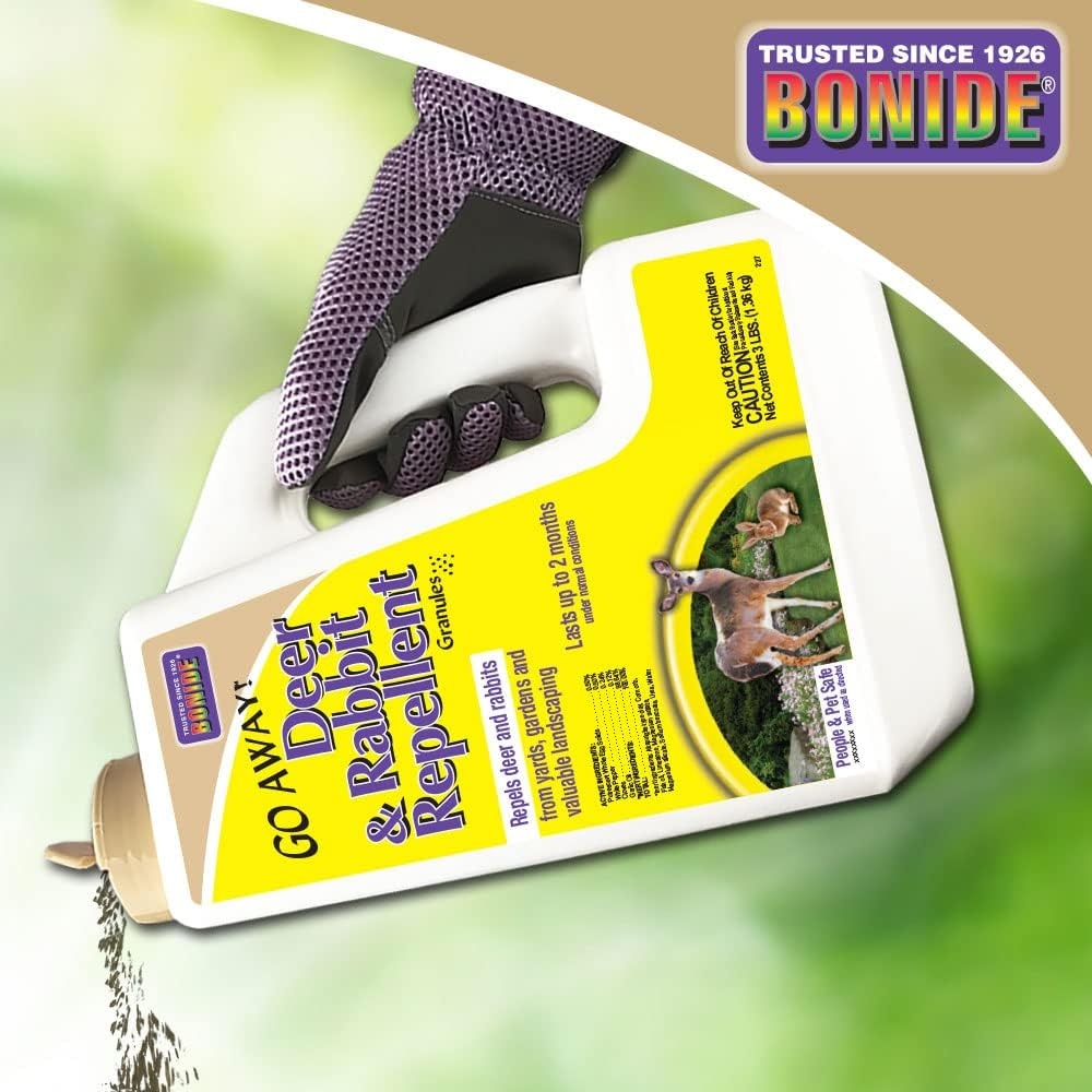 Bonide Go Away  Deer & Rabbit Repellent Granules, 3 lb. Ready-to-Use, Deter Deer from Garden, Flowers & Plants(48 Ounce (Pack of 2))