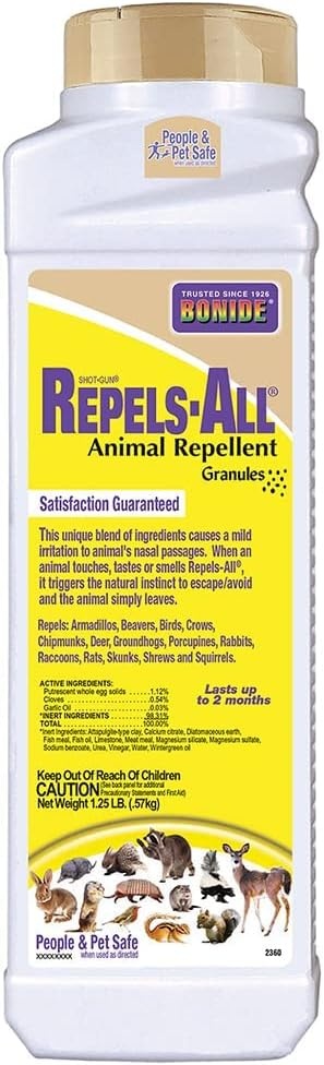 Bonide Repels-All Animal Repellent Granules, 1.25 lbs. Ready-to-Use Pellets Deter Pests from Lawn & Garden, Long Lasting Control(Granules)