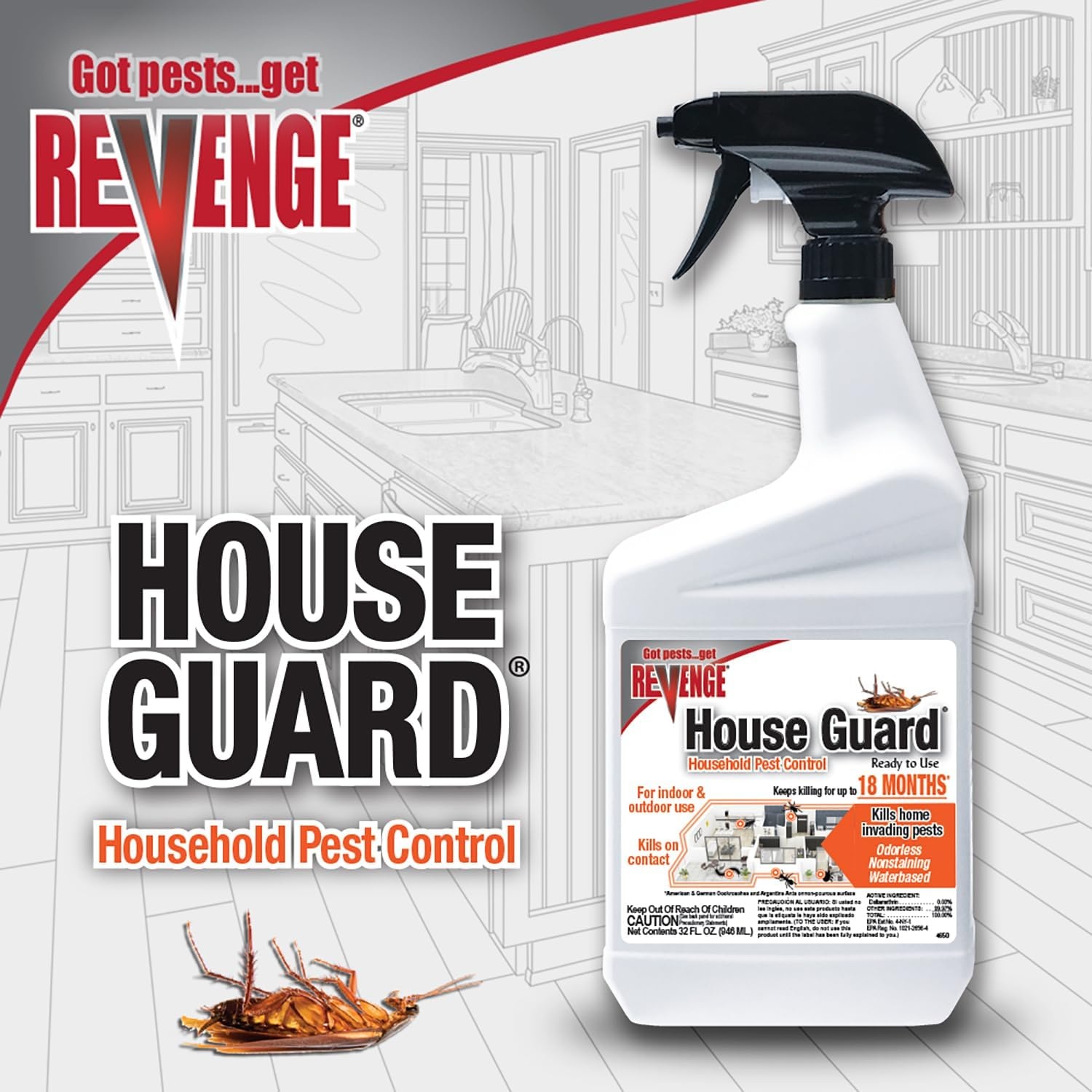 REVENGE House Guard Pest Control, 32 oz Ready-to-Use Spray for Indoors and Outdoors, Long Lasting Treatment